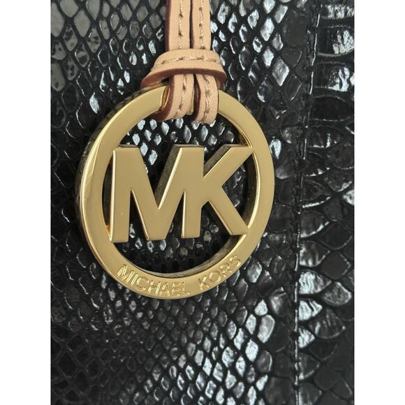 EUC Michael Kors Shiny Black Leather Snakeskin Shoulder Bag Gold Lining - Picture 3 of 16